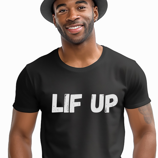 Man wearing a black t-shirt with 'LIF UP' text on a white background