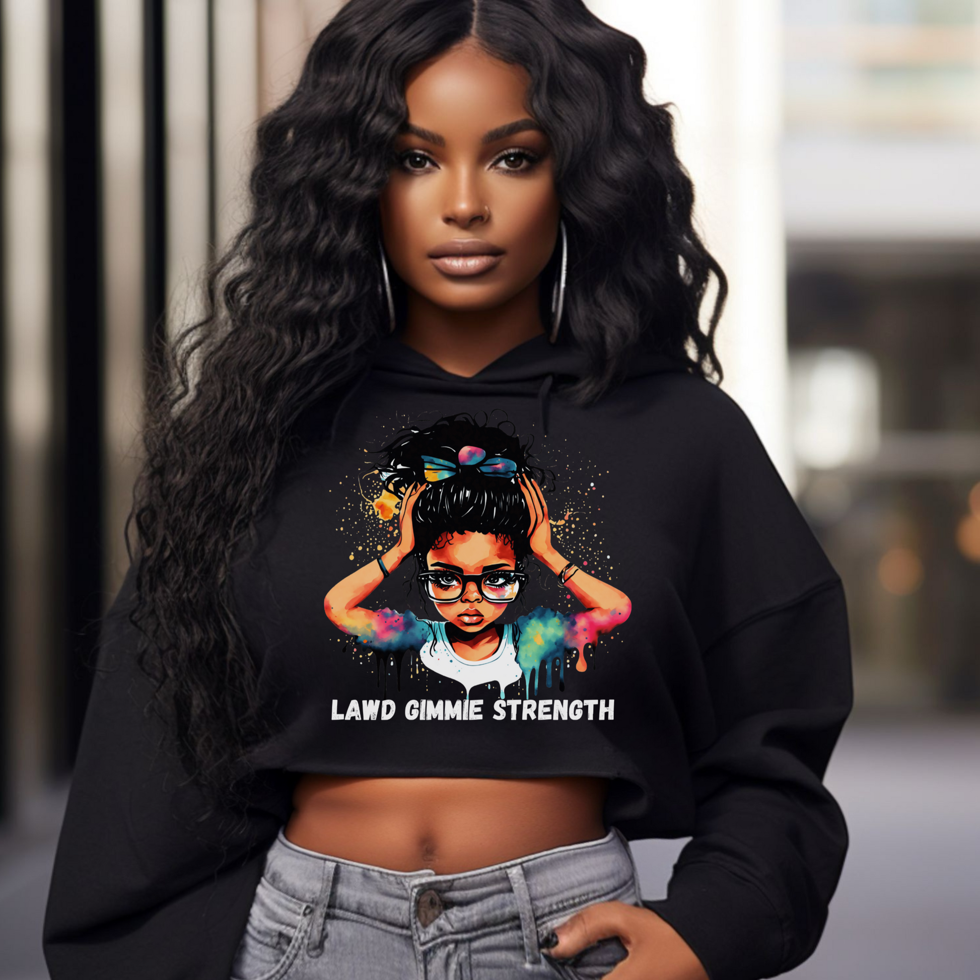 Black crop hoodie with Lawd Gimme Strength Jamaican Patois text design.