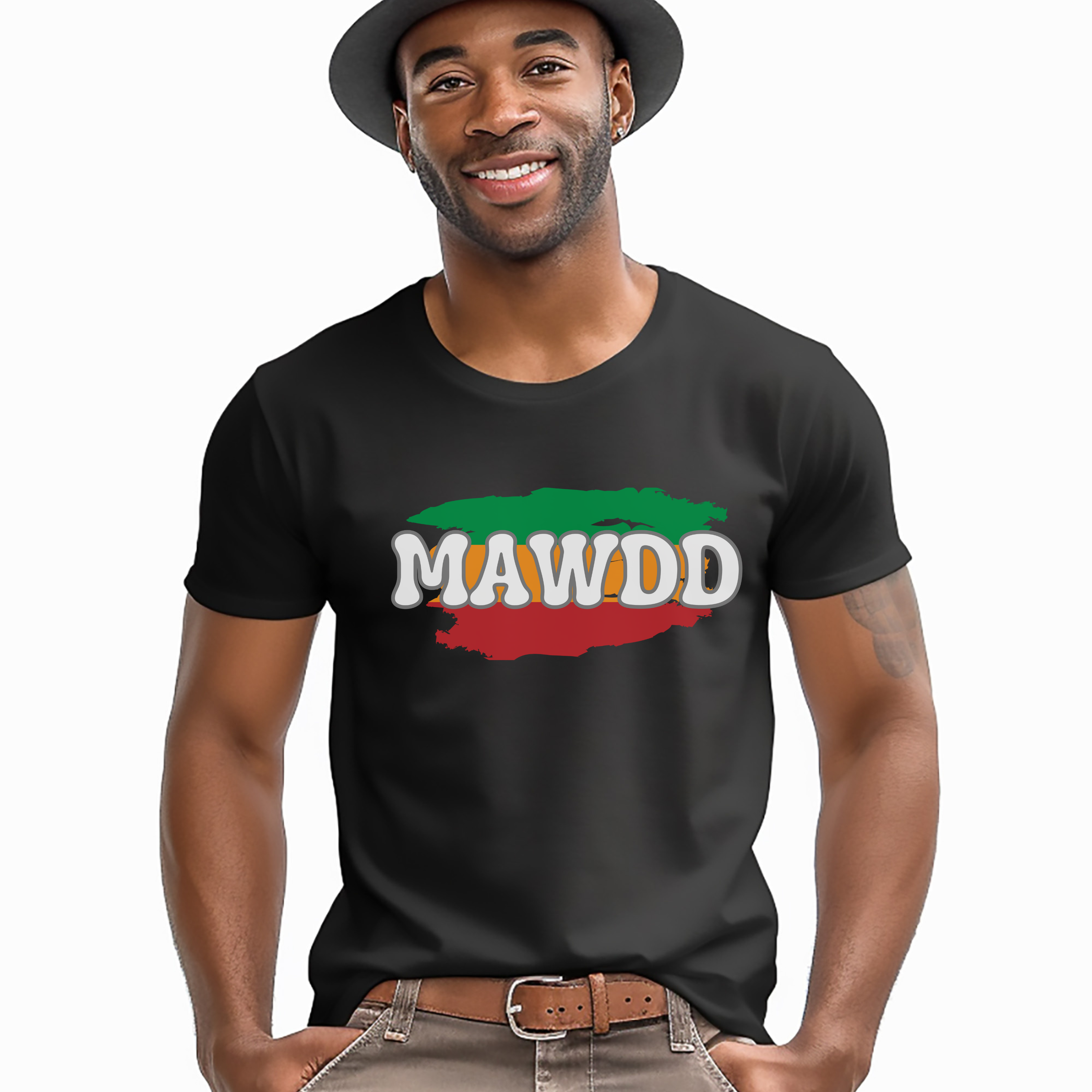 Man wearing a black t-shirt with 'MAWDD' design on a white background