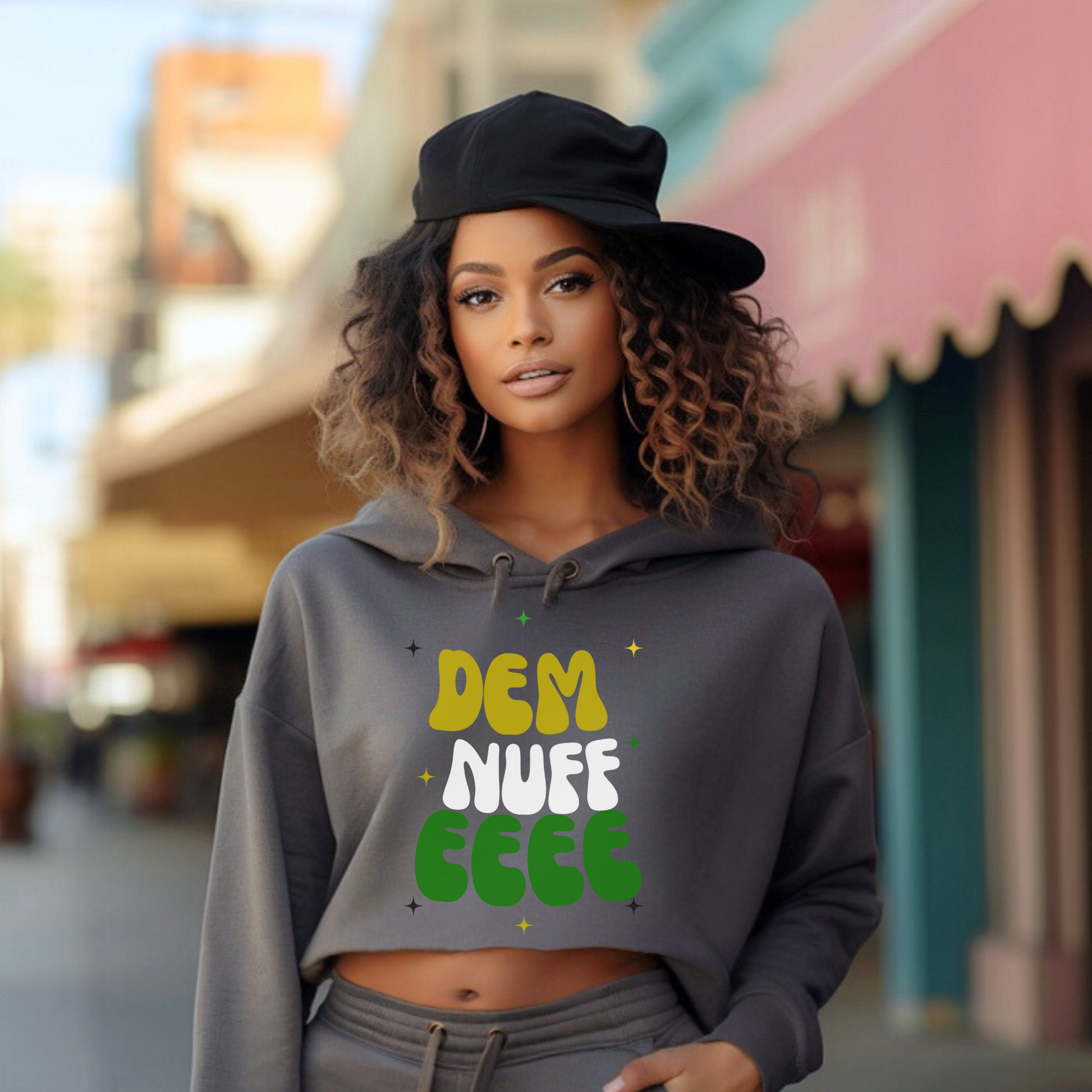Dem Nuf EEE gray crop hoodie jamaican sayings
