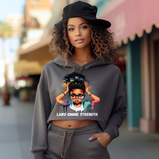 Storm crop hoodie with Lawd Gimme Strength Jamaican Patois text design.