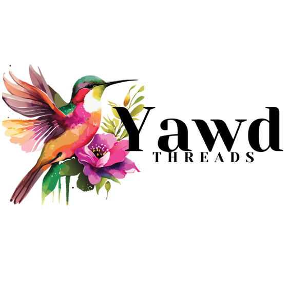 Logo of Yawd Threads with a colorful hummingbird and flowers on a white background