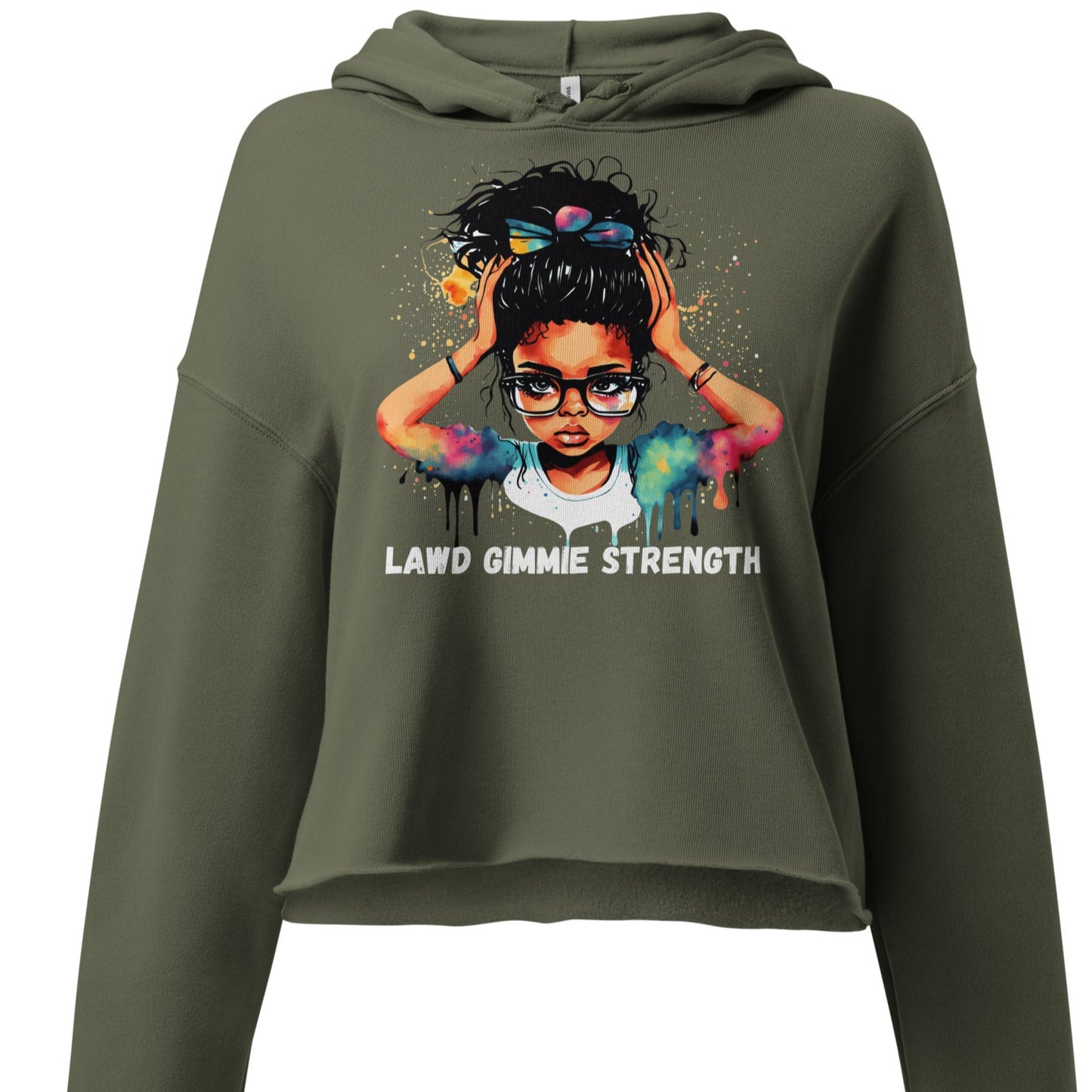 Military crop hoodie with Lawd Gimme Strength Jamaican Patois text design.